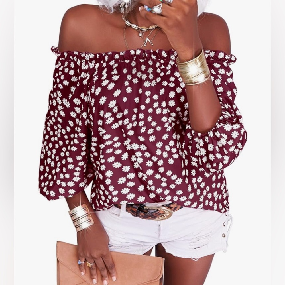 Off Shoulder Blouse Floral Print 3/4 Sleeve Casual Chiffon Tops Shirts, size M